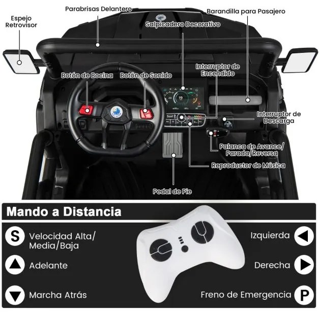 Carro elétrico infantil de 2 lugares com basculante Controlo remoto Ligação sem fios Música USB 119 x 68 x 65 cm Preto