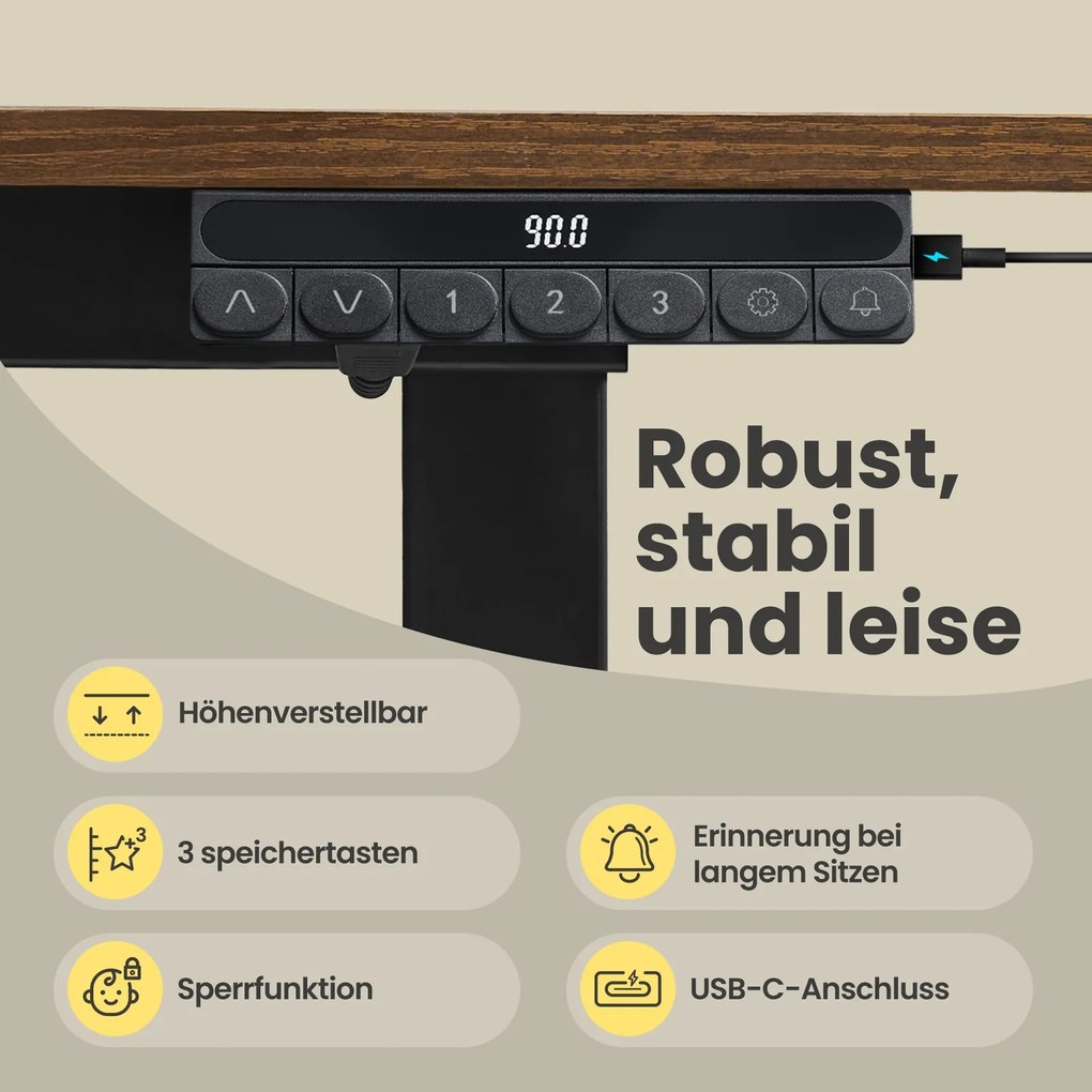Secretária elétrica com altura ajustável, 140 x 70 x (82,5-130,5) cm, suporte para monitor castanha