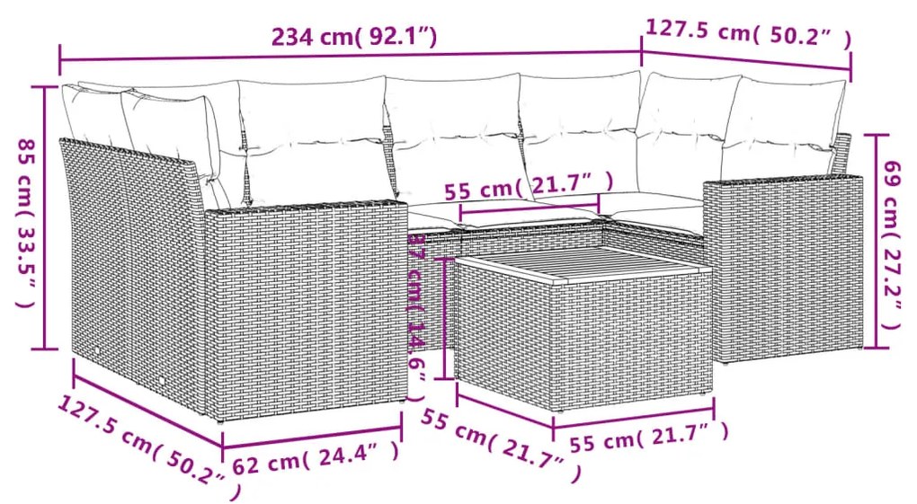 7 pcs conjunto de sofás p/ jardim com almofadões vime PE bege