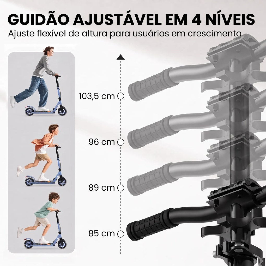 Trotinete Dobrável para Adolescentes e Adultos com Rodas Luminosas Guiador Ajustável Travão Duplo e Suspensão Azul