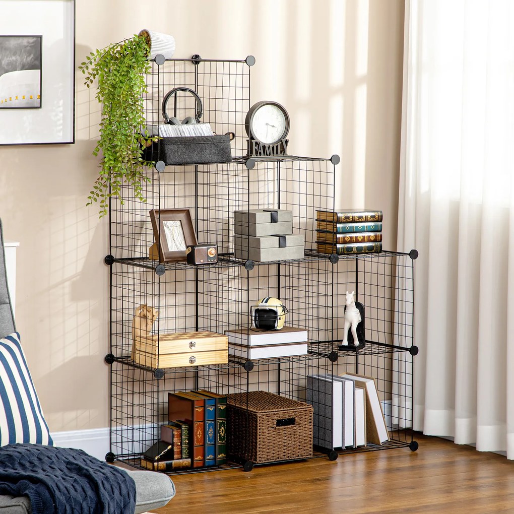 Estante modular em forma de cubo para montar, com 9 compartimentos em rede metálica, para sala de estar ou quarto, na cor preta