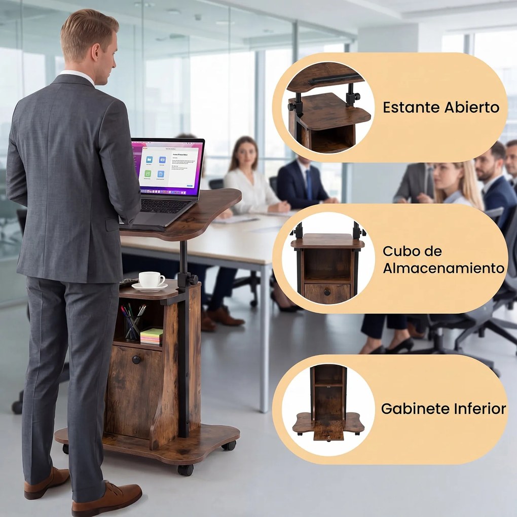 Secretária de Computador Móvel, 55 x 40 x 68,5-91,5 cm, Altura Regulável, Castanho