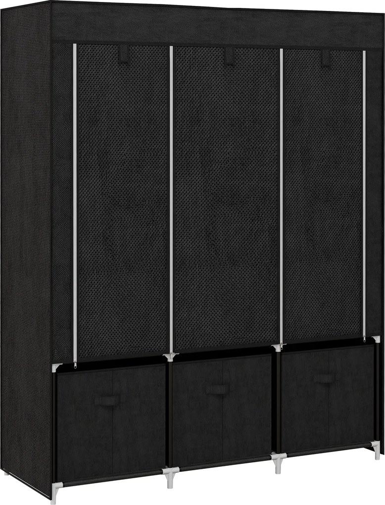 HOMCOM Roupeiro de Tecido com 2 Varões 5 Prateleiras 3 Gavetas Fecho de Correr Estrutura de Aço 125x43x162,5 cm Preto | Aosom Portugal