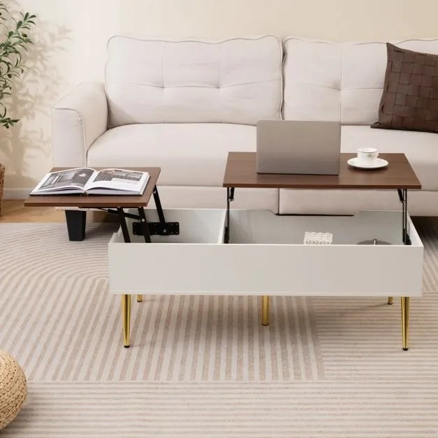 Mesa de centro moderna elevável com 2 compartimentos de armazenamento ocultos 111 x 48 x 40-53,5 cm Branco e cor nogueira