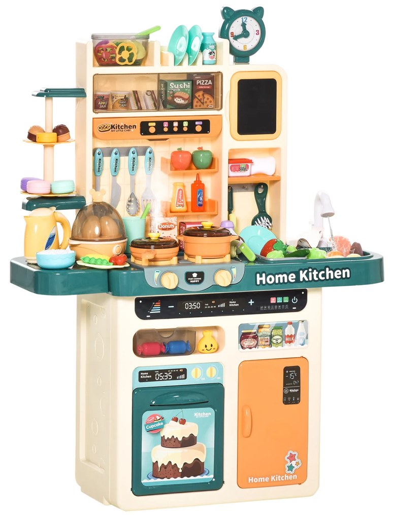 HOMCOM Cozinha de Brinquedo para Crianças acima de 3 Anos com Luz Sons Água Vapor Lousa 113 Acessórios Incluidos Cozinha Infantil Educativa 70x32x92,2cm Multicor