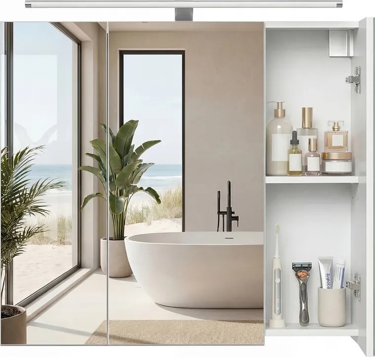 Armário casa banho com espelho 15 x 70 x 60 cm (P x L x A), armário suspenso com prateleiras ajustáveis, iluminação branco