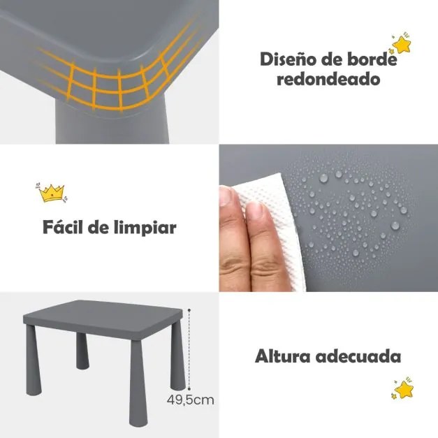 Conjunto com mesa e 2 cadeiras para crianças para comer, desenhar ou estudar 76,5 x 54,5 x 49,5 cm Cinza