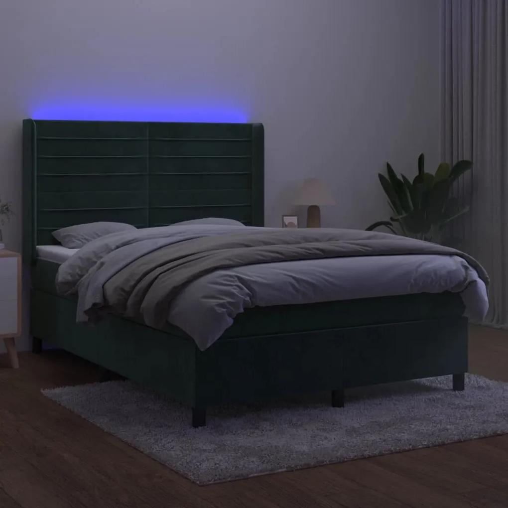 Cama box spring c/ colchão/LED 140x190 cm veludo verde-escuro