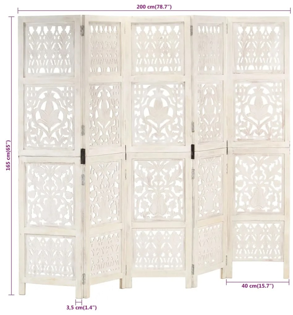 Biombo esculp. mão 5 painéis 200x165cm mangueira maciça branco