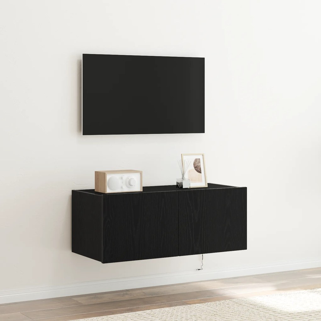 Estante de TV vidaXL com Luzes LED Preto Carvalho 80x35x31 cm