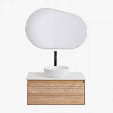 Conjunto De Móvel De Casa De Banho Suspenso Em Madeira De Freixo Tedrik Castanho Fresno & Cerâmica Redonda Branca Ø40 Cm Lenka & - Sklum