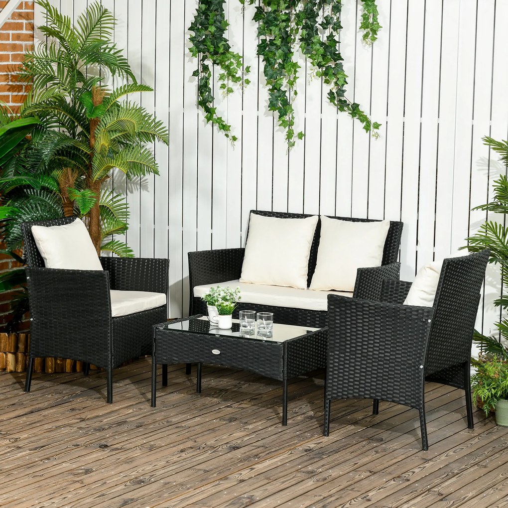 Conjunto de Jardim de Vime Sintético com 2 Poltronas 1 Sofá de 2 Lugares 1 Mesa de Centro e Almofadas Preto e Branco