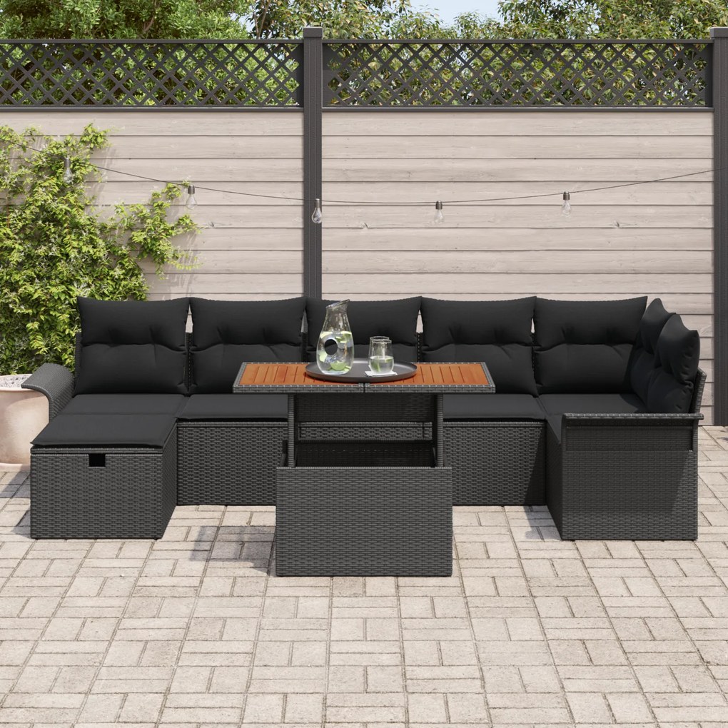 Conjunto de Sofás de Jardim de 8 Peças com Almofadas Preto Rattan Poli