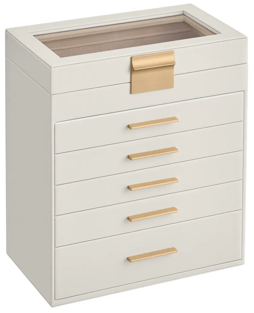 Caixa de jóias 5 gavetas moderna 16,3 x 25,1 x 29 cm branco e dourado