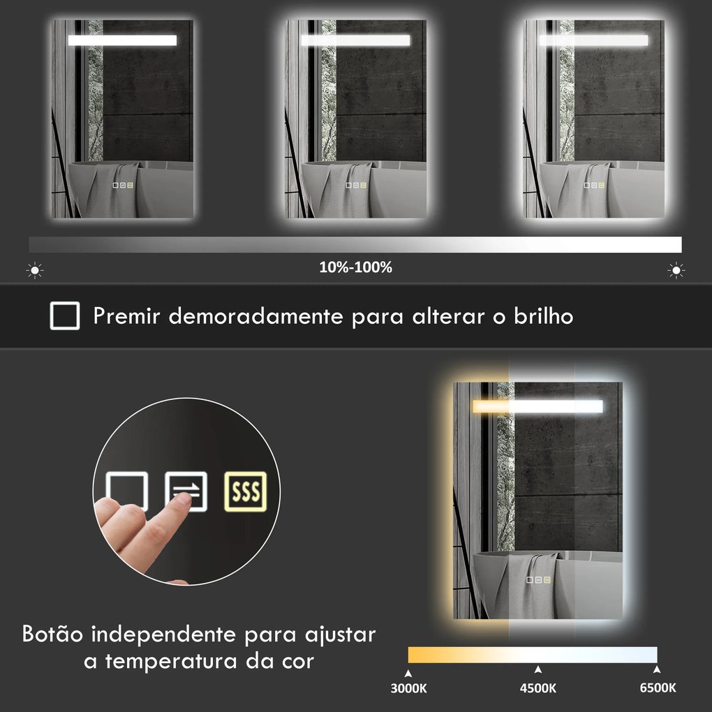 Espelho de Casa de Banho com Luz LED 70x50 cm 3 Cores de Luz Função Antiembaciamento Função de Memória IP44 Prata