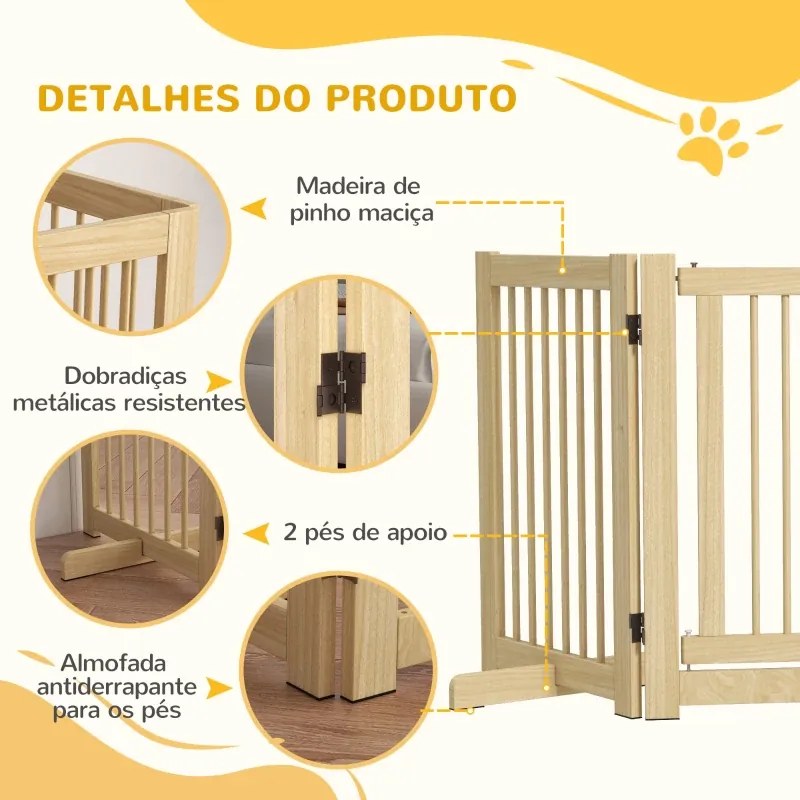 Barreira de Segurança 204x36x75 cm para Cães em Madeira Dobrável para Escadas e Portas para Cães Pequenos e Médios de 4 Painéis Madeira