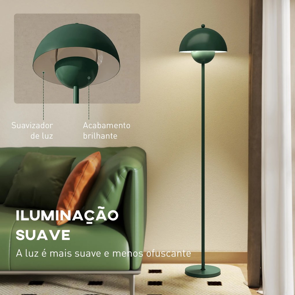 Candeeiro de Pé Moderno com Ecrã em Forma de Taça Refletora de Luz Interruptor de Pé Suporte E27 sem Lâmpada Ø35x155 cm Verde