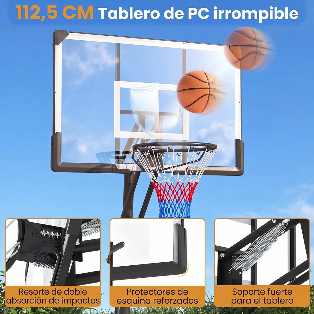 Cesto de Basquetebol Portátil, 107 x 68 x 15 cm, Altura Ajustável, Preto