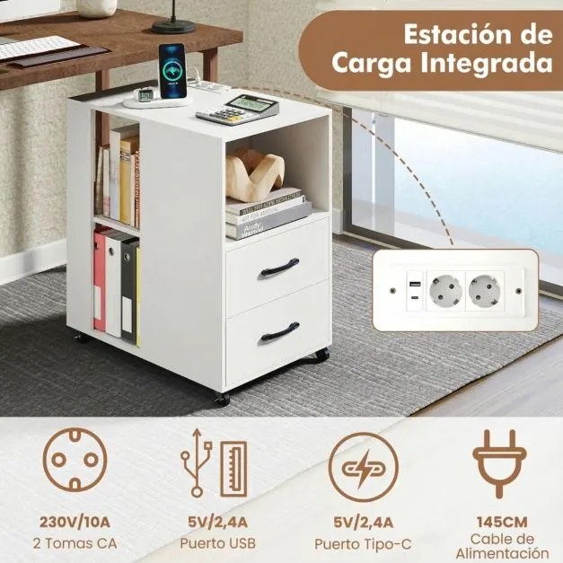 Conjunto de 2 mesas de cabeceira, mesa apoio 60 x 40 x 65,5 cm com rodas e estação de carregamento integrada Branco