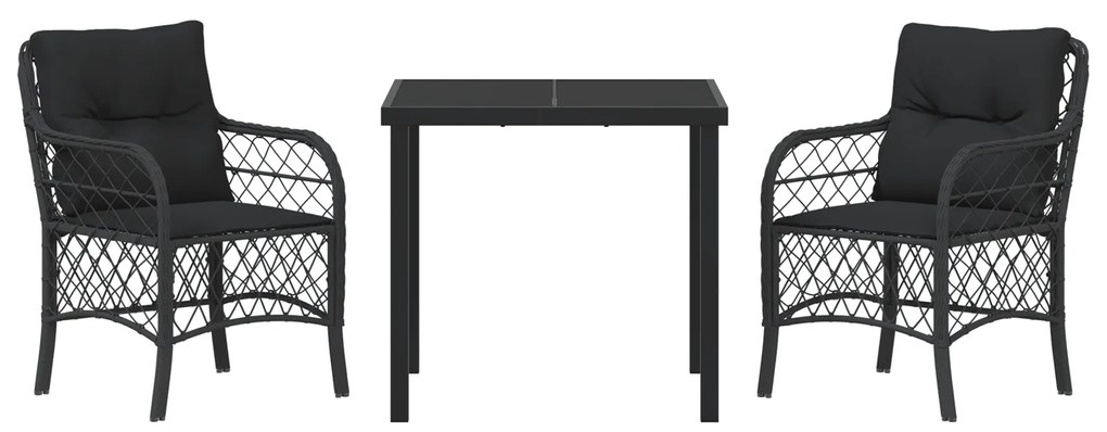 Conjunto de Jantar de Jardim 3 Peças com Almofadas Preto Rattan Poliés