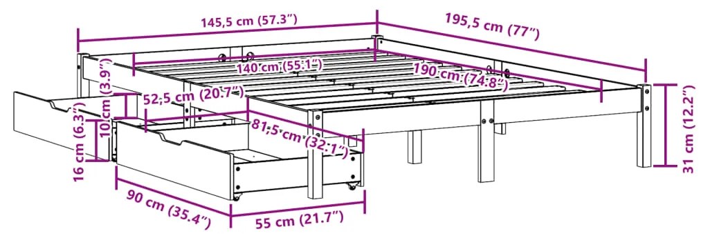 Cama sem colchão 140x190 cm madeira de pinho maciça branco