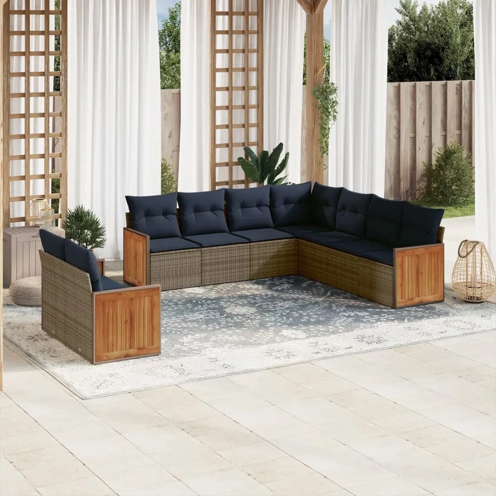 vidaXL 9 pcs conjunto sofás p/ jardim c/ almofadões vime PE cinzento