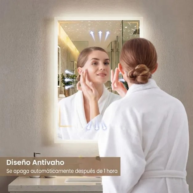 Espelho LED para casa de banho 70 x 50 cm retangular de parede com função antiembaciamento, memória, 3 cores de luz e controlo tátil Prata