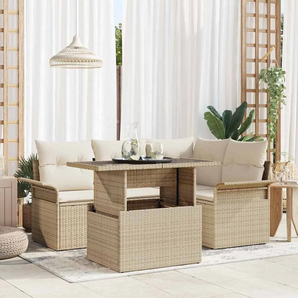 Conjunto de Sofá de Jardim de 5 Peças com Almofadas Bege de Rattan Pol