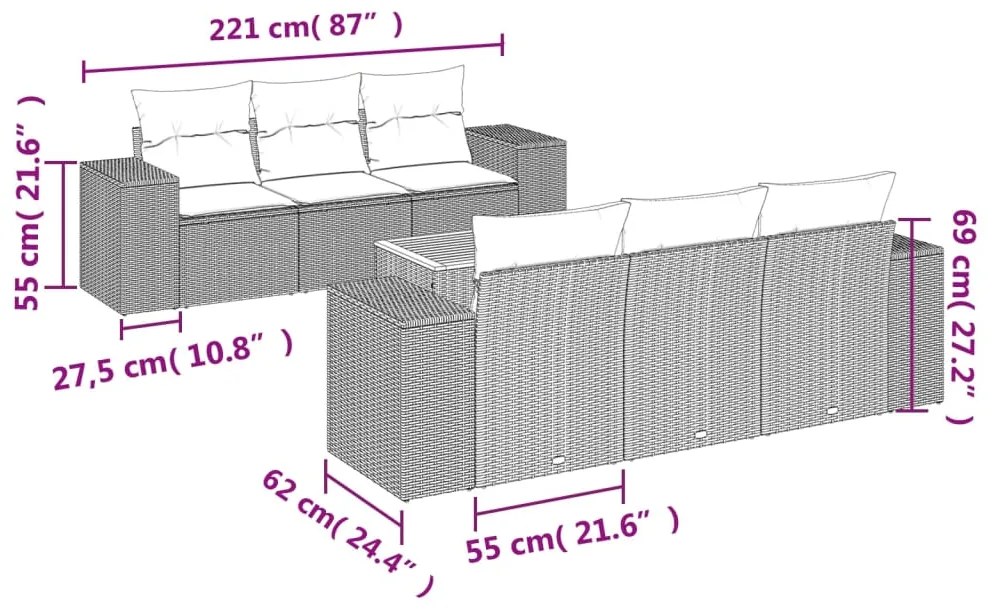 7 pcs conjunto sofás p/ jardim c/ almofadões vime PE cinzento