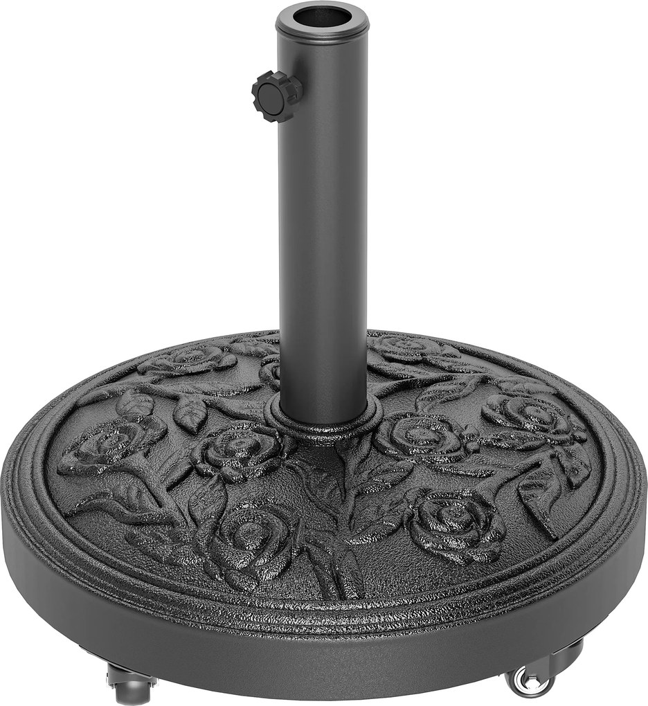 Base para guarda-sol, pedestal exterior em resina de 21 kg, para mastros com Ø 32/38/48 mm, com rodas, Ø 49 x 42 cm, preto