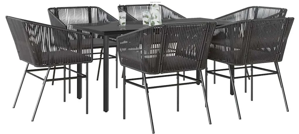 vidaXL Conjunto de jantar jardim 7 peças almofadas vidro vime PE preto