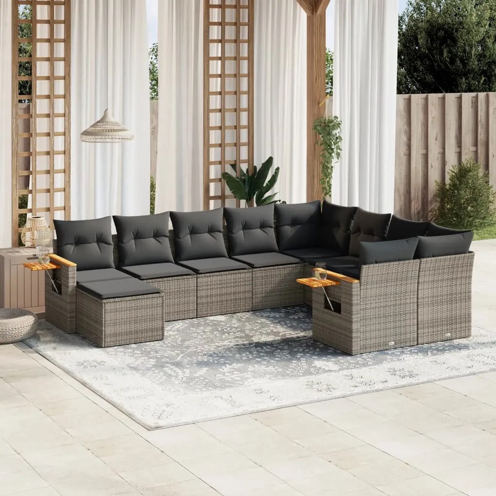 10 pcs conjunto sofás de jardim c/ almofadões vime PE cinzento