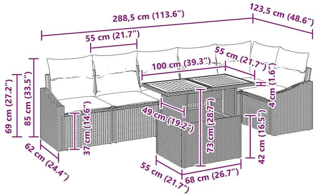 Conjunto de Jantar de Jardim de 7 Peças com Almofadas Bege de Rattan S