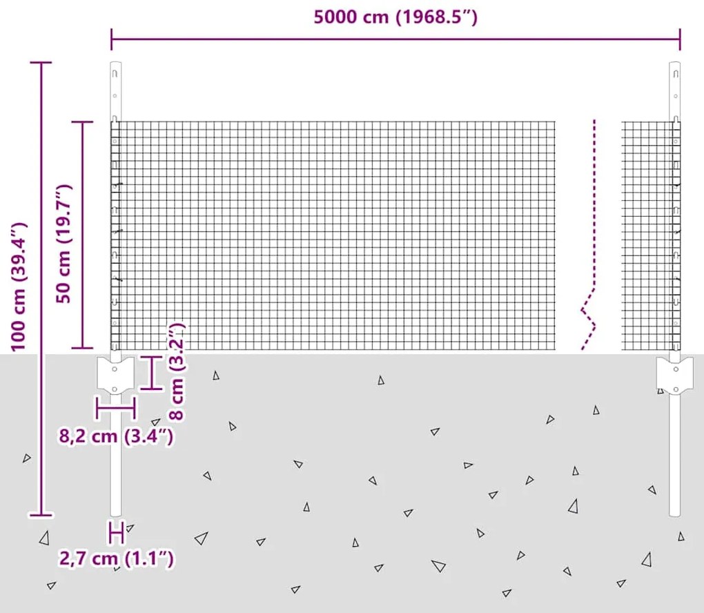 Cerca de Arame Soldado com 22 Postes Prateados 0,5x50 m Aço