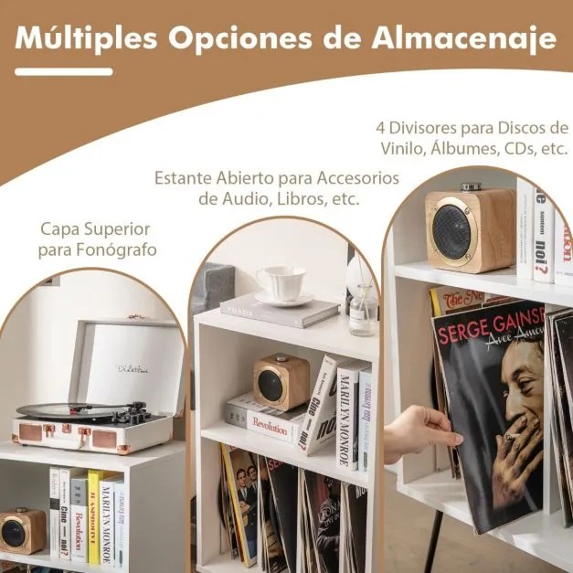 Suporte para discos vinil de 3 níveis com estação de carregamento Estante 4 divisórias 48 x 40 x 88 cm Branco