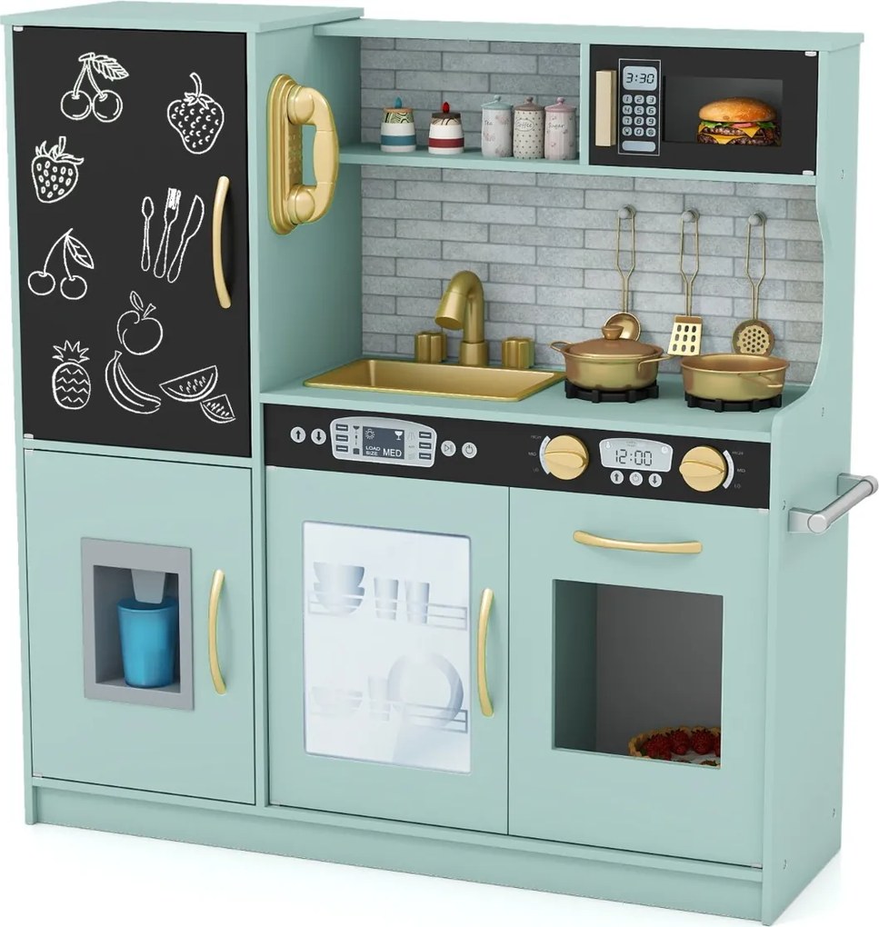 Cozinha de brincar para crianças 82 x 24 x 80 cm com quadro negro, telefone, fogão, máquina de lavar louça, máquina de gelo e forno com sons reais, ve