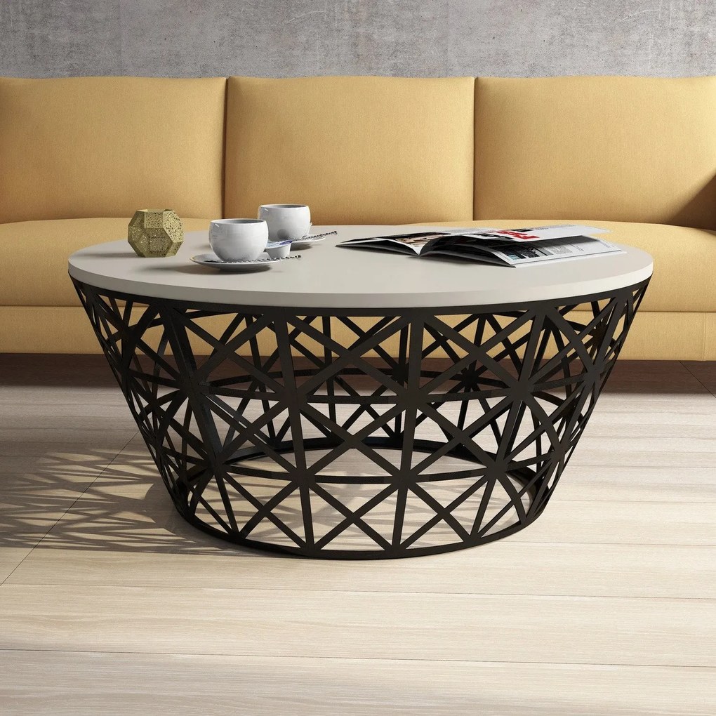 Mesa de Centro Stil Metal Ferforje – Creme/Preto – 90x90x38 cm