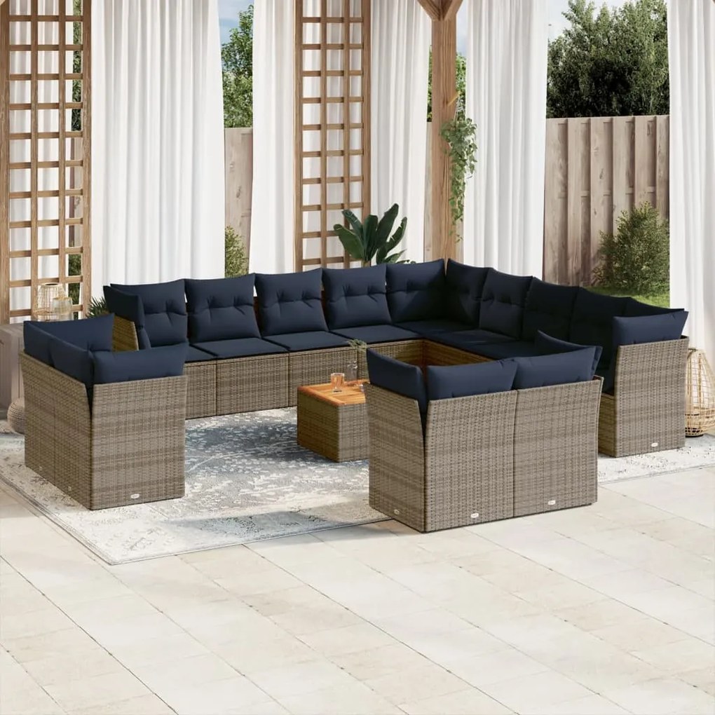 vidaXL 14 pcs conjunto sofás p/ jardim c/ almofadões vime PE cinzento