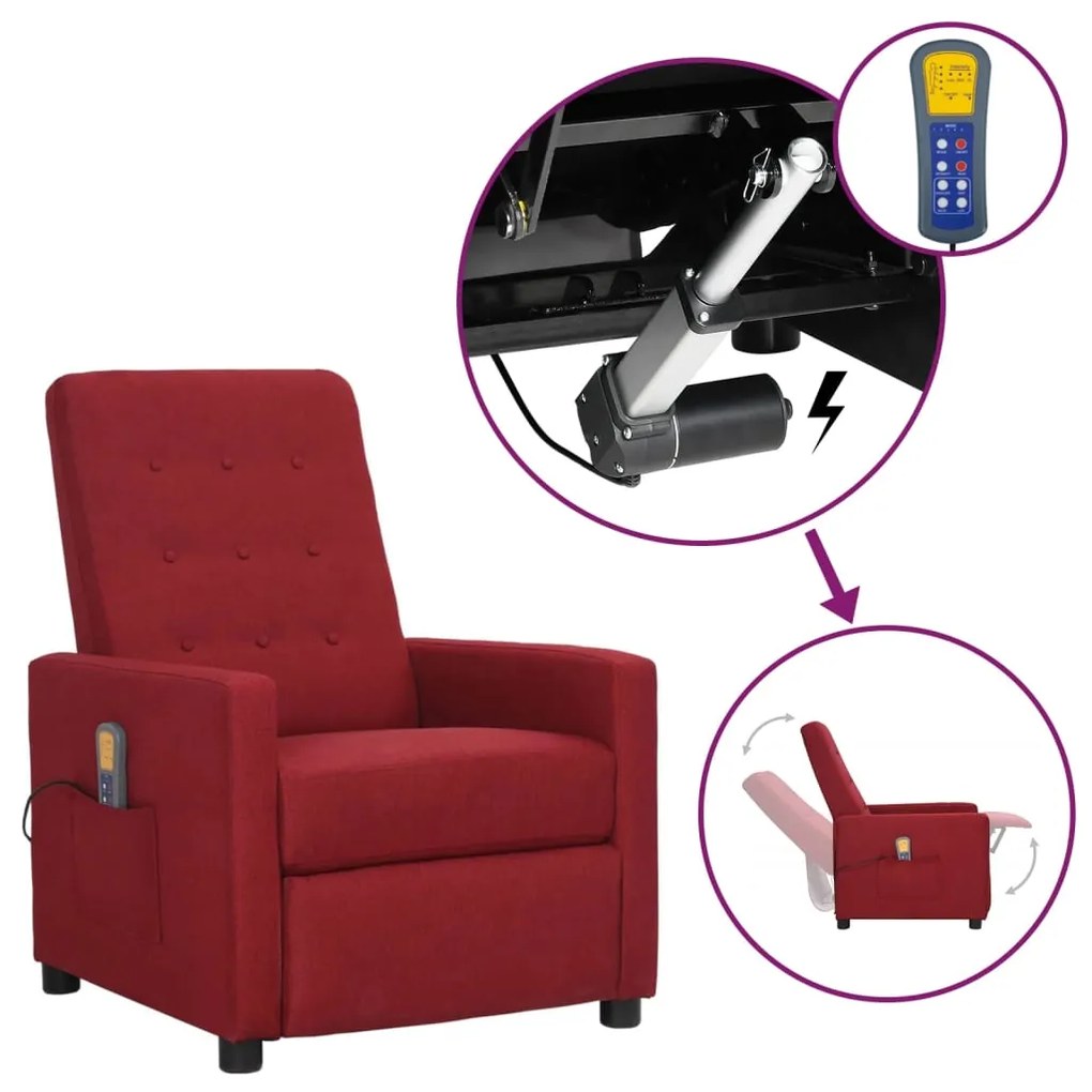 vidaXL Poltrona elevatória de massagens tecido vermelho tinto