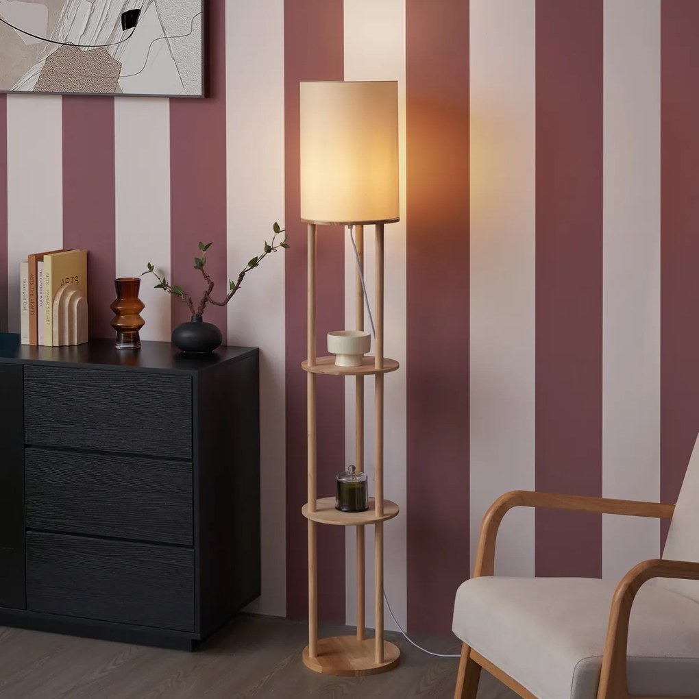 Candeeiro de pé inteligente de madeira com abajur bege incluindo WiFi A60 - Stojon