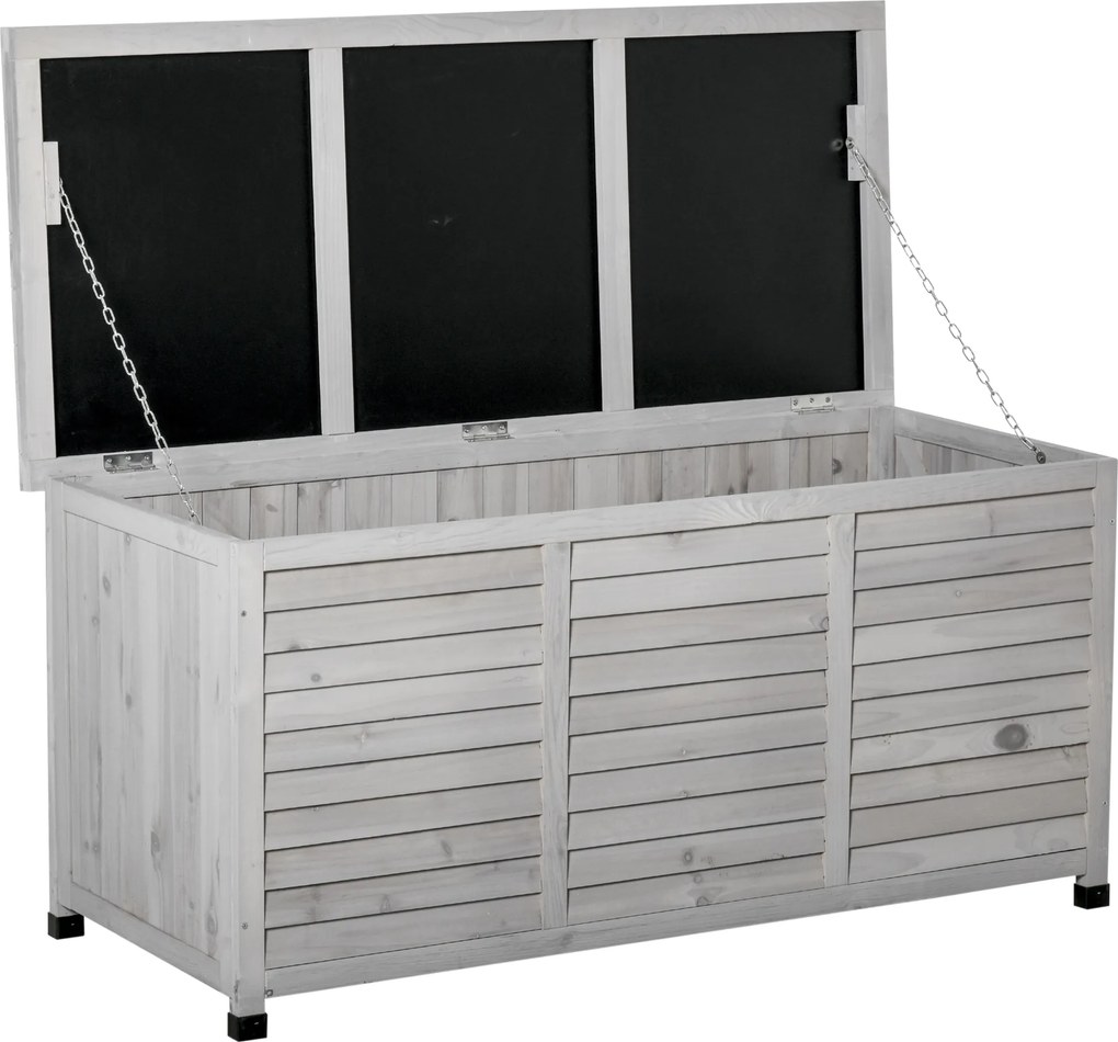 Outsunny Baú de Armazenamento Baú de Madeira de Jardim com Tampa Abatível e Desenho de Persiana 127x56x60 cm Cinzento | Aosom Portugal