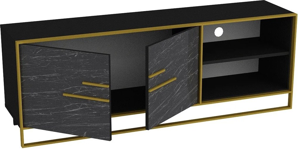 Móvel de TV SIENA em Mármore Preto com 2 Portas e Base Dourada – 160x3
