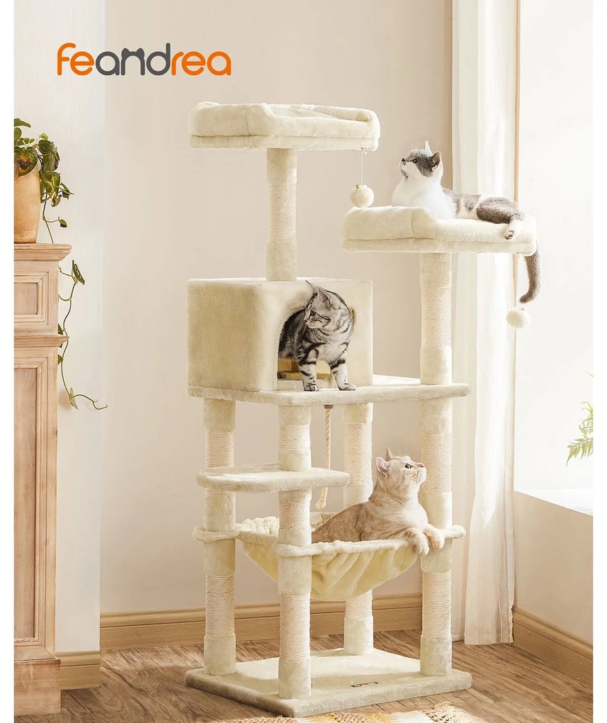 Árvore para gatos FEANDREA, torre estável para gatos, 2 poleiros de pelúcia, 143 cm, bege PCT15BE