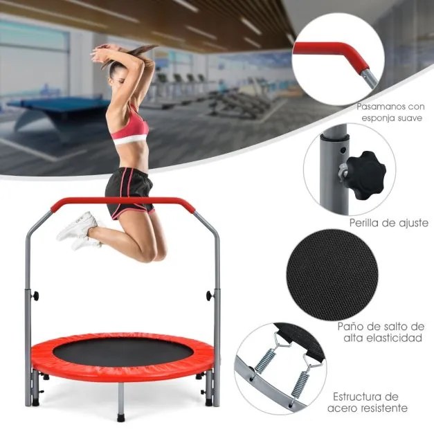 Mini Trampolim Dobrável 101 cm Trampolim de Treino Fitness para Adultos e Crianças com Pega Ajustável em Altura Vermelho