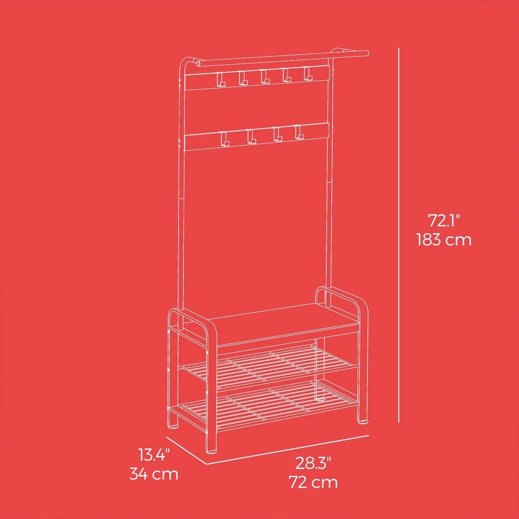 Cabide, móvel entrada com bengaleiro, com banco para sapatos 33,7 x 72 x 183 cm Castanho Vintage -preto