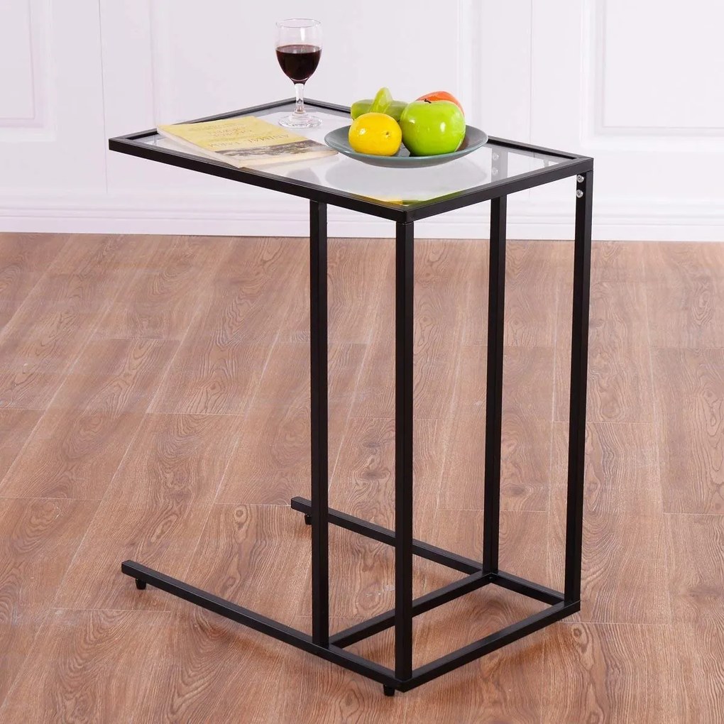 Mesa de café em vidro e aço Mesa lateral pc para sala de estar 55,5x35x65cm