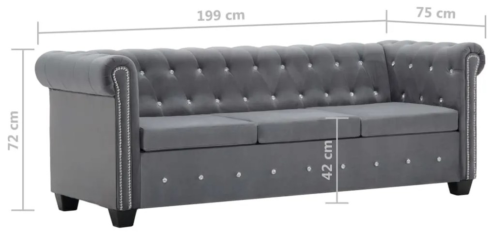 Sofá chesterfield três lugares veludo 199x75x72cm cinzento