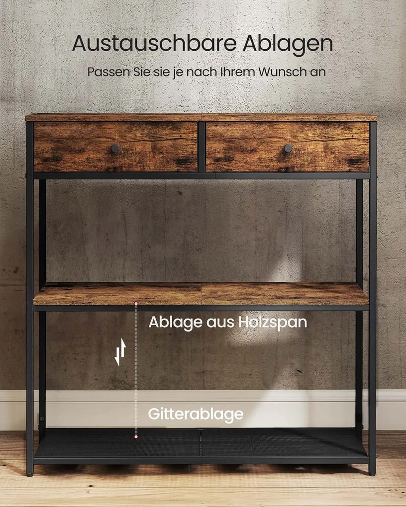 Mesa consola estreita com duas gavetas em tecido 24 x 76 x 80 cm Castanho vinatge + Preto