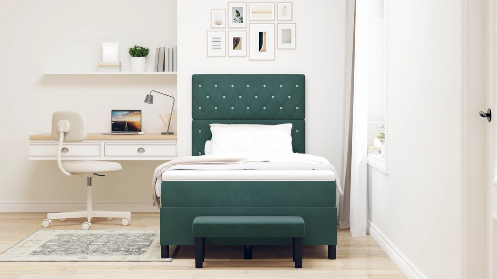 Cama Box Spring com Colchão e Banco Verde Escuro 120x200 cm Veludo