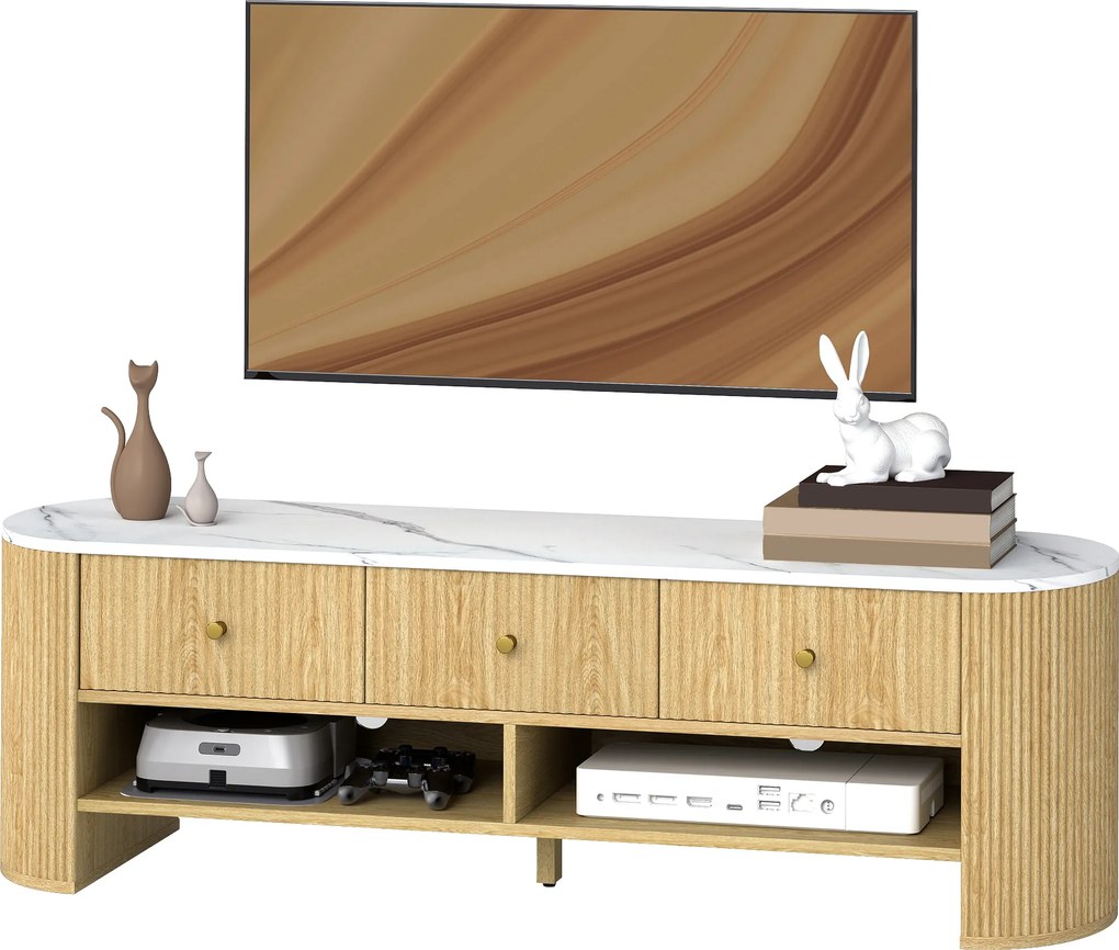 Móvel de TV 140 x 40 x 43 cm, móvel para televisor de 65 polegadas com efeito de mármore, 3 gavetas com frentes caneladas com efeito de madeira natura